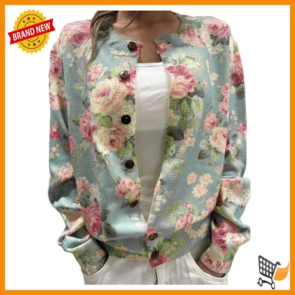 Lightweight Button Down Cardigan Sweater Floral Print Long Sleeve Cozy